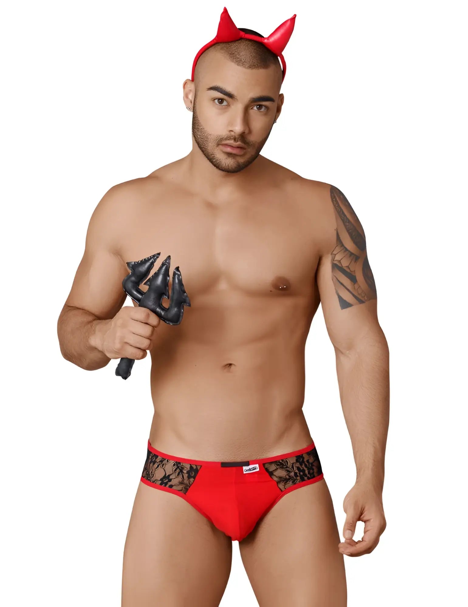 Red lace-trimmed men’s briefs with a black lace band from candyman devil outfit costume in black and red size m