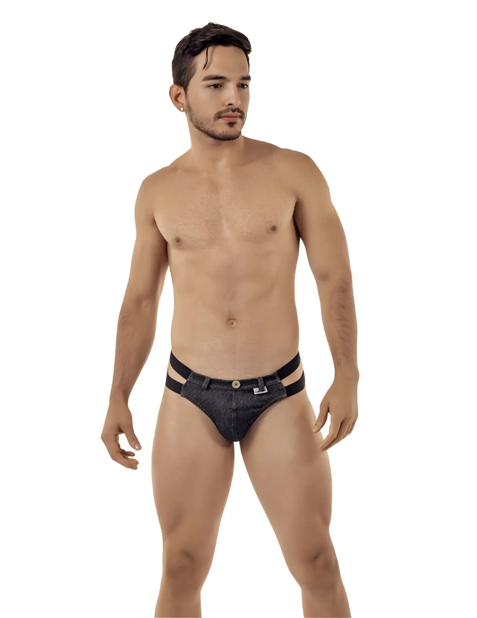 Dark denim briefs with black elastic double straps and a small metallic button front in size S Candyman jeans thong underwear
