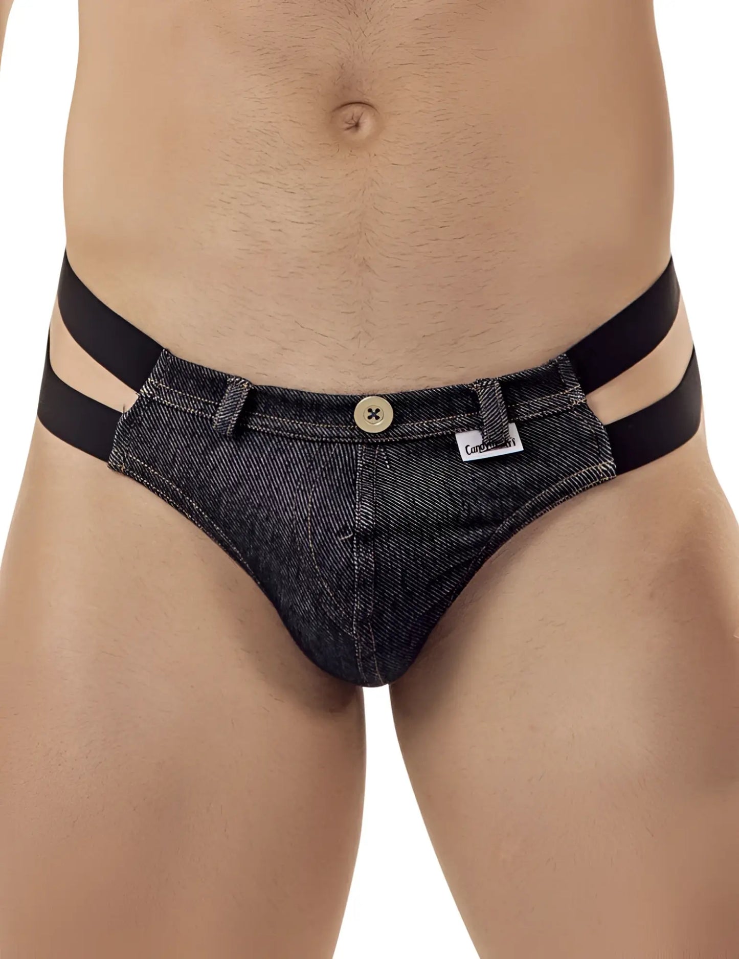 Dark denim briefs with black elastic side straps and button closure candyman double strap jeans thong size s