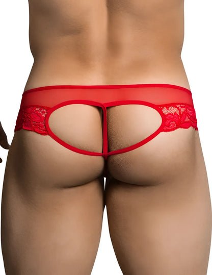 Red lace Candyman thong underwear in size S featuring sheer mesh back and intricate floral side detailing