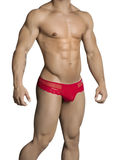 Candyman lace cut out thong underwear red size s featuring red lace trimmed men’s briefs detail