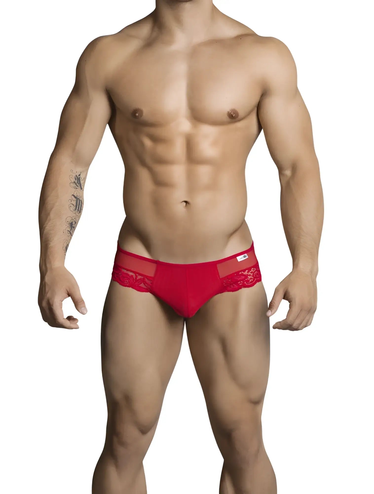 Red lace-trimmed candyman thong underwear with sheer mesh front panel in size s