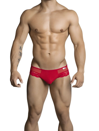 Red lace-trimmed candyman thong underwear with sheer mesh front panel in size s