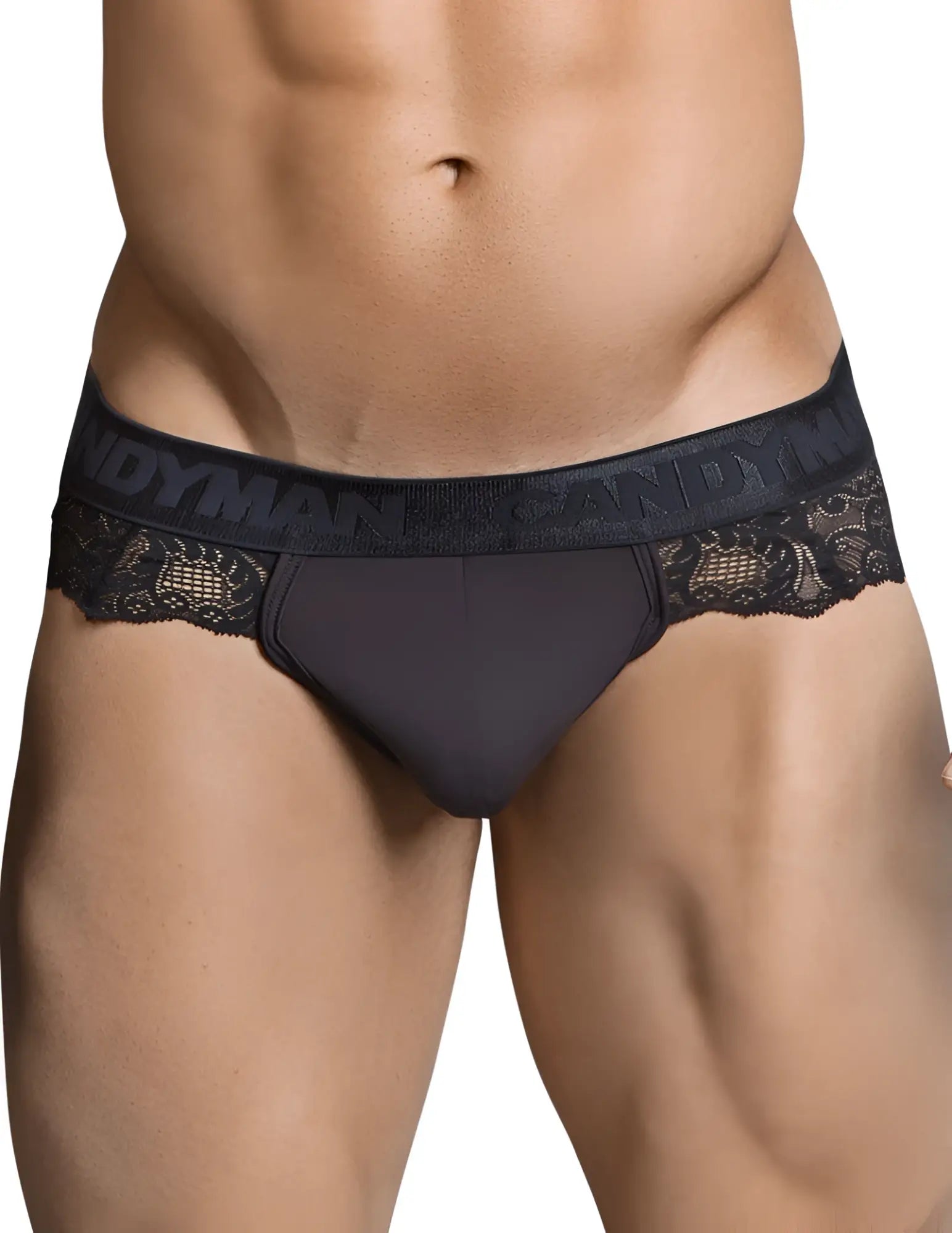 Black lace-trimmed candyman thong underwear with branded elastic waistband size s in black color
