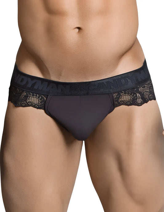 Black lace-trimmed candyman thong underwear with branded elastic waistband size s in black color