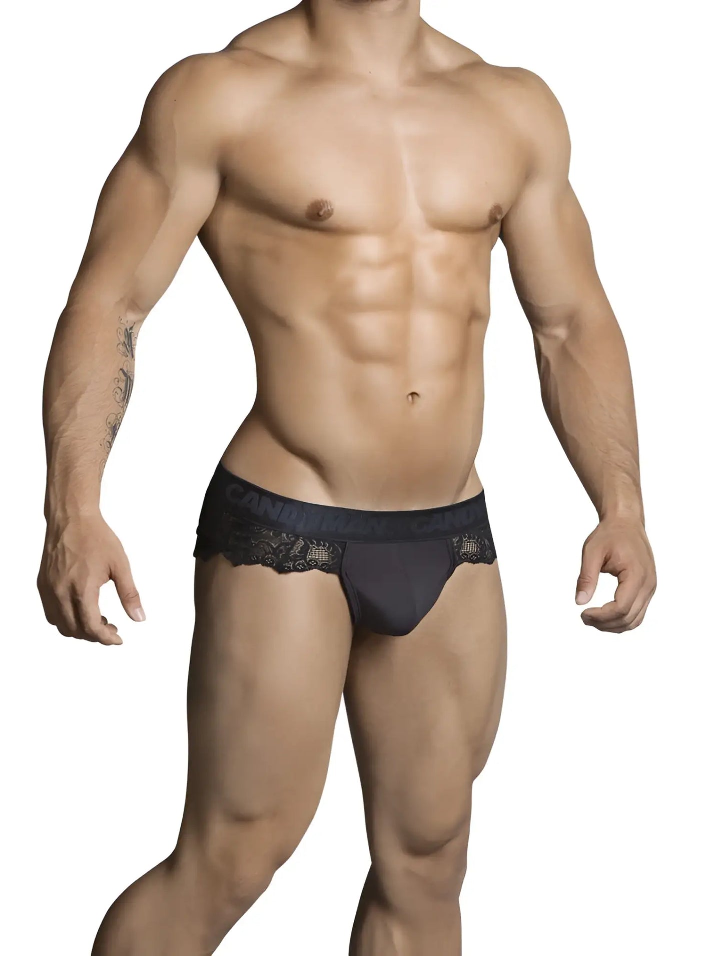 Black lace-trimmed men’s briefs with branded waistband candyman lace thong underwear black size s back view
