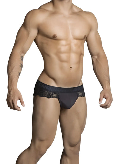 Black lace-trimmed men’s briefs with branded waistband candyman lace thong underwear black size s back view
