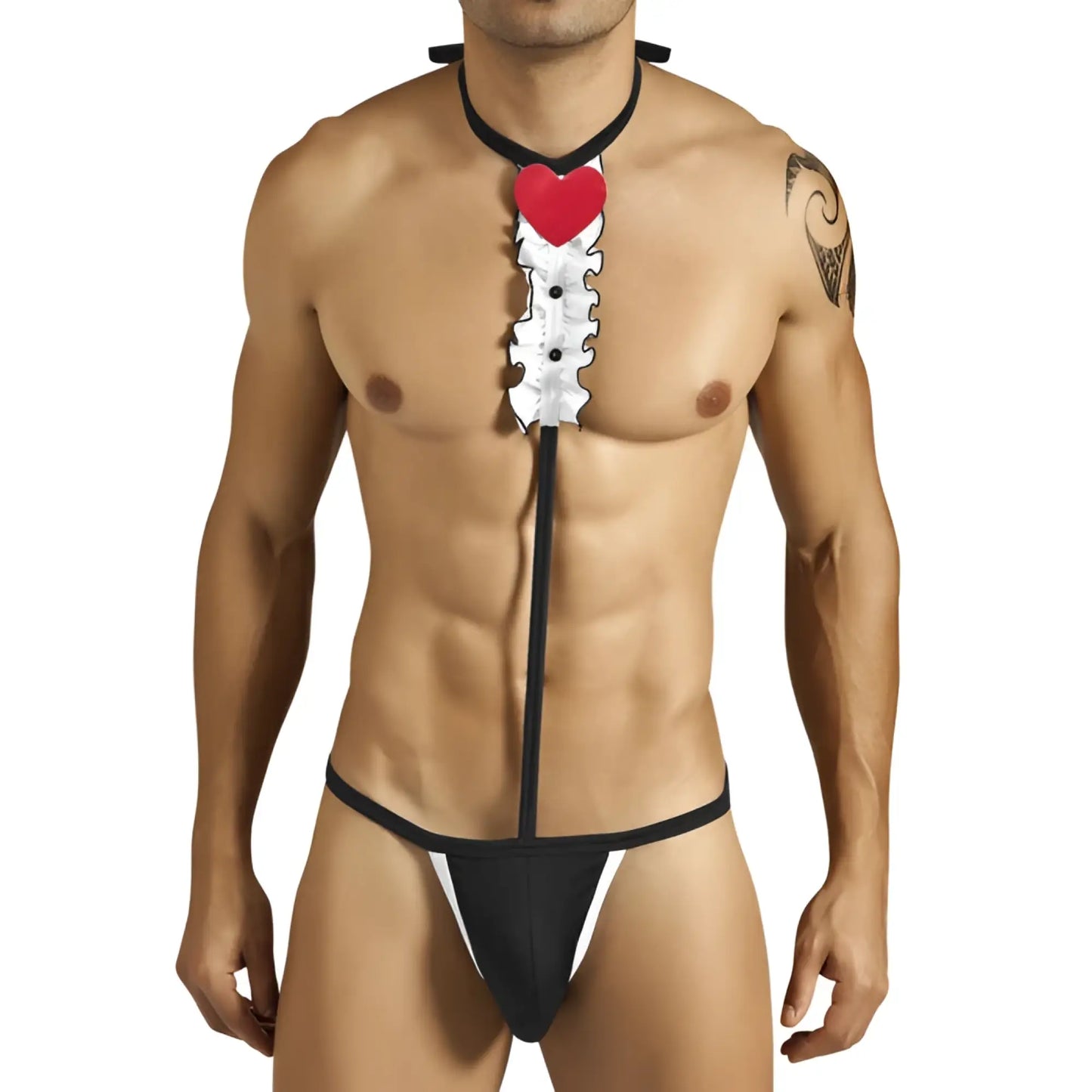 Candyman tuxedo outfit costume black and white with red heart-shaped pendant size l shown from the front