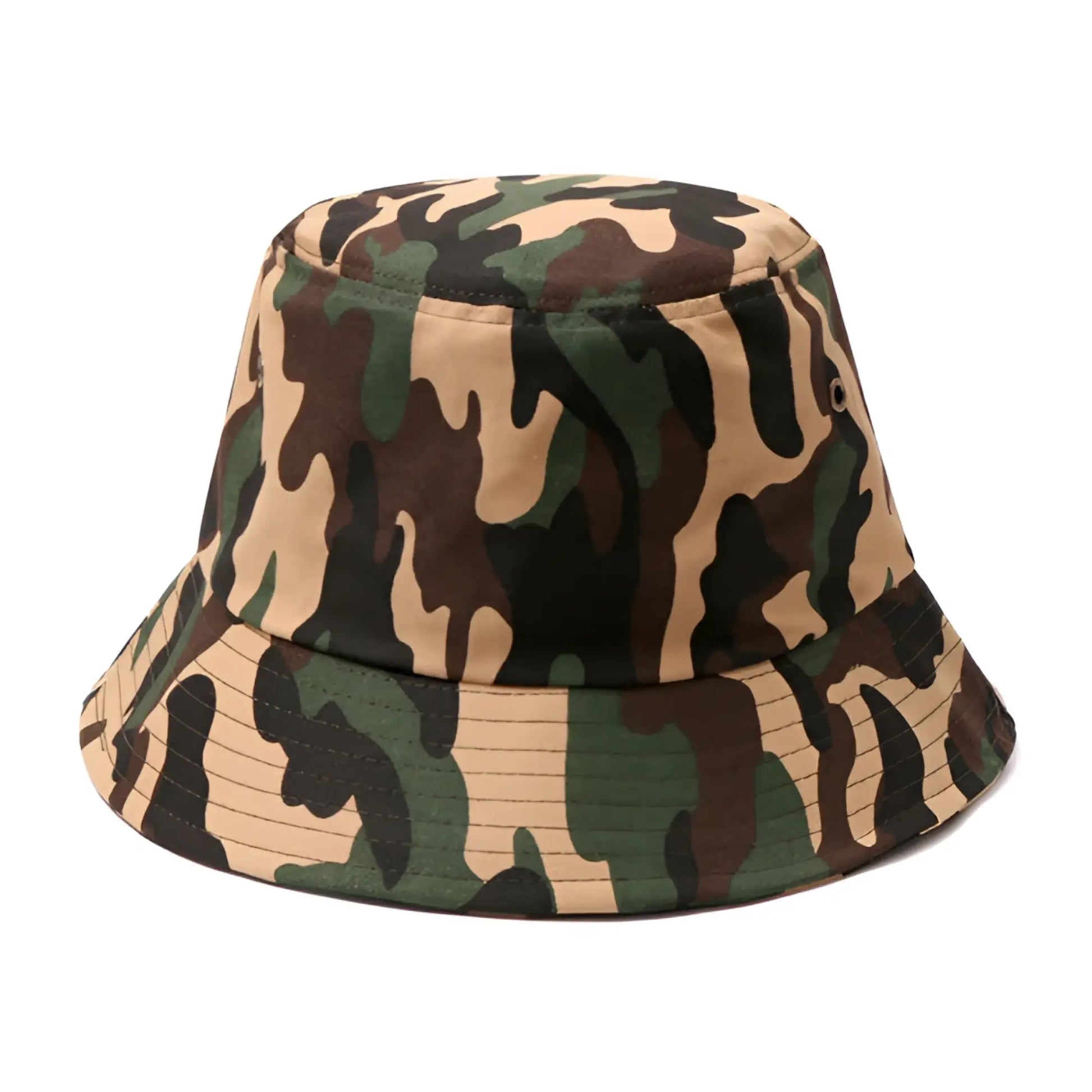 Canvas bucket hat with classic camouflage pattern in earthy greens browns and tan made from durable canvas material