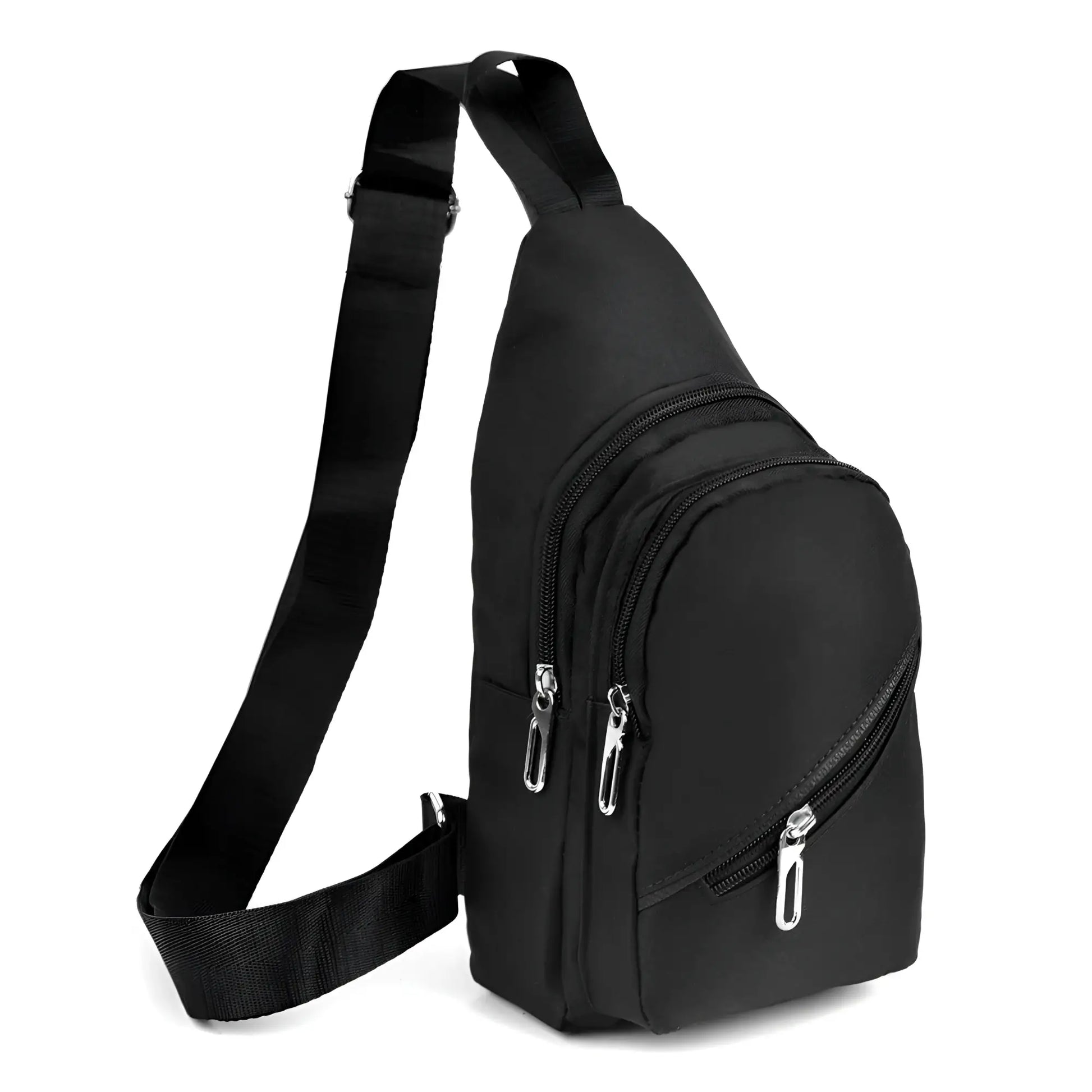 Black nylon canvas sling bag with silver zippers and adjustable crossbody strap