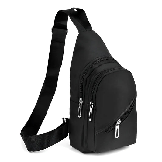 Black nylon canvas sling bag with silver zippers and adjustable crossbody strap