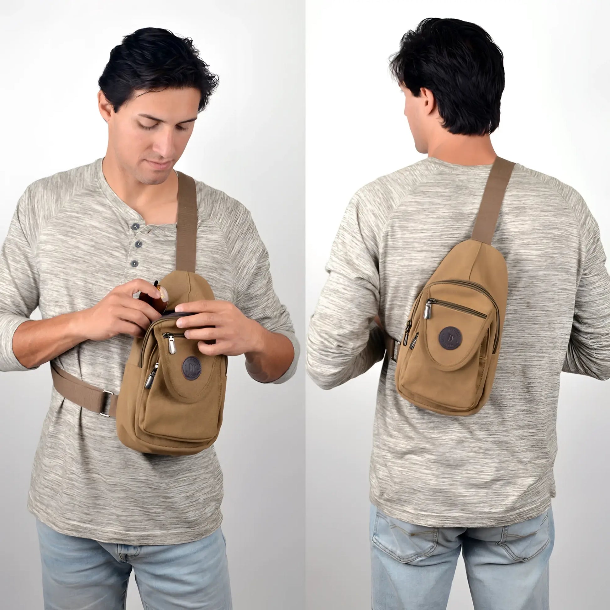 Tan canvas sling bag with brown strap and multiple zippered compartments for versatile crossbody use