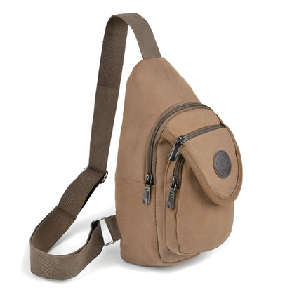 Tan canvas sling bag with adjustable strap and silver zippers ideal for casual everyday use