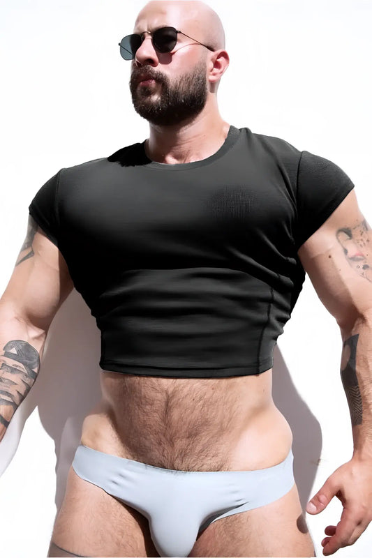 Light blue athletic briefs with smooth form-fitting design shown with black cap sleeve rib knit crop top