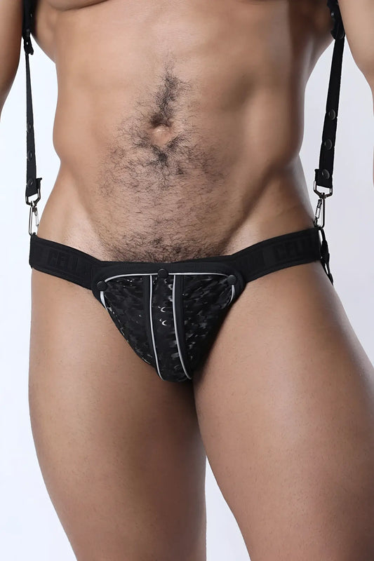Carbon shadow jock cup pouch black lace-trimmed briefs with adjustable suspenders and central zipper detail