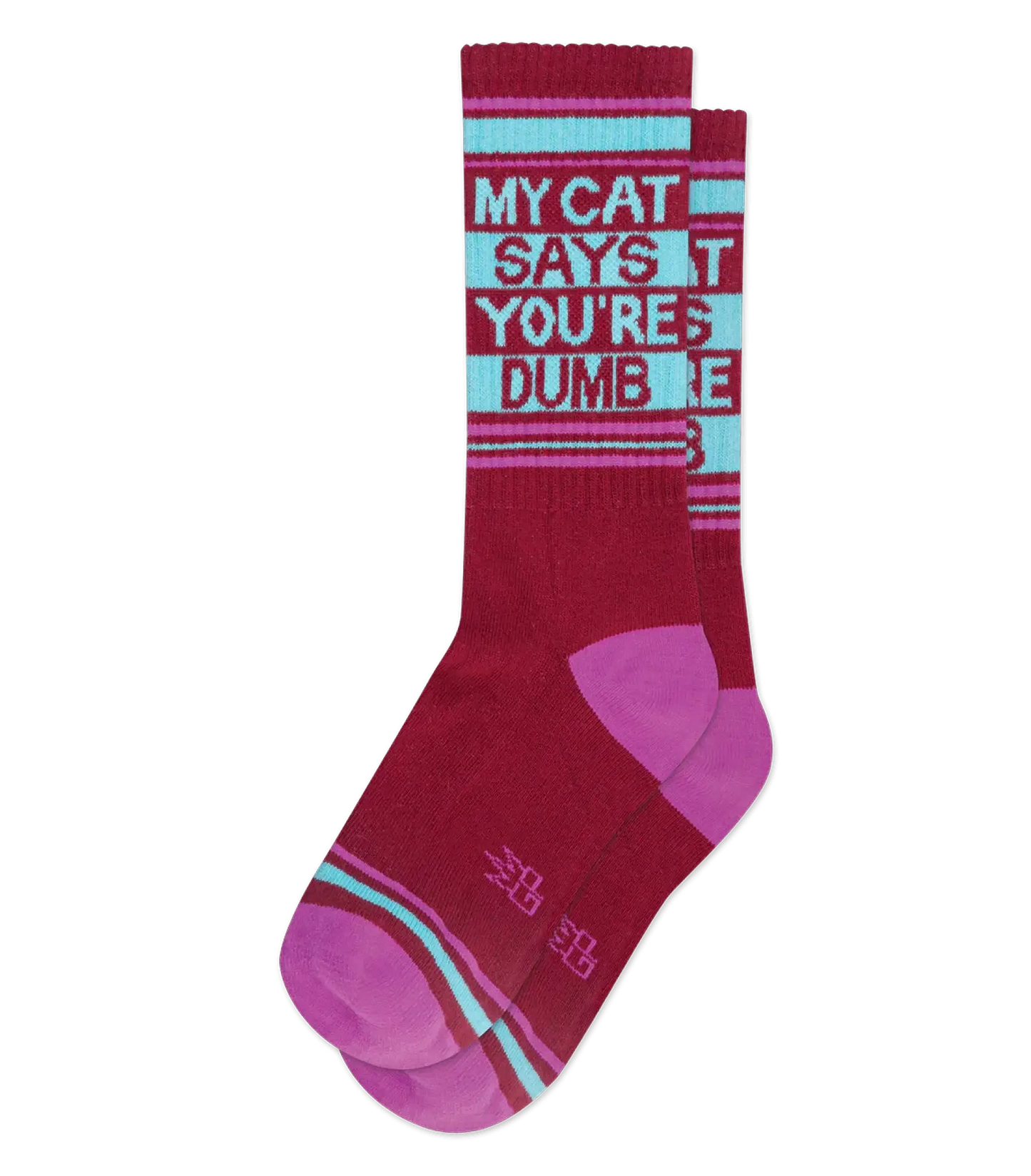 Maroon and pink striped crew socks with humorous white text my cat says youre dumb on light blue stripes