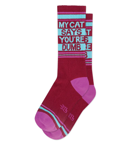 Maroon and pink striped crew socks with humorous white text my cat says youre dumb on light blue stripes