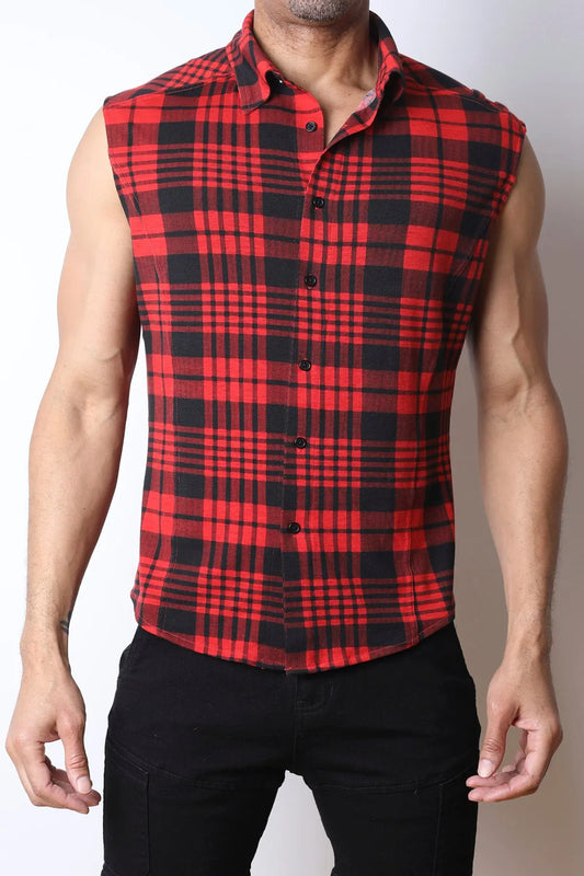 Red and black plaid sleeveless shirt made of soft fabric featuring a button-up front worn by a model by CellBlock 13