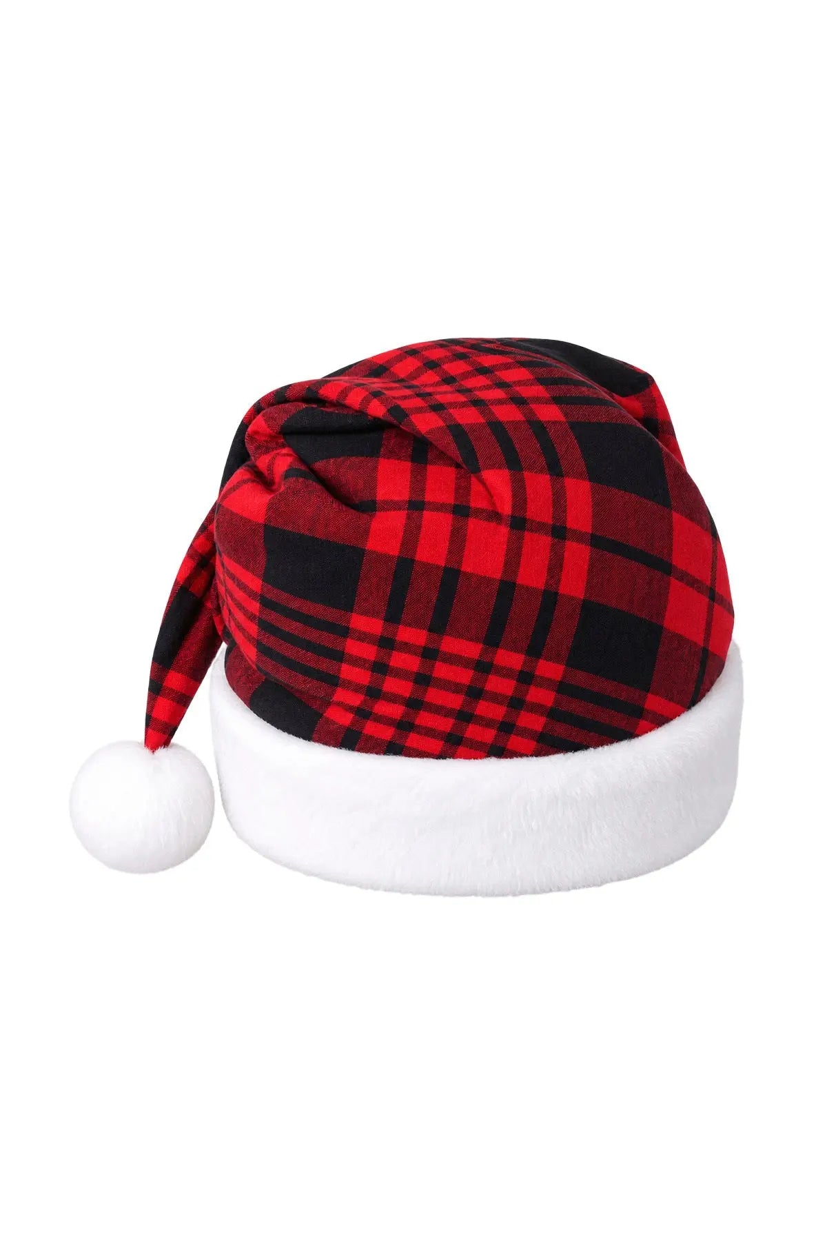 Red and black plaid Santa hat with a white faux fur trim designed by CellBlock 13