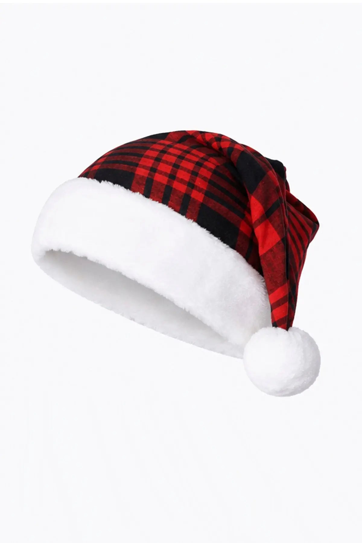 Red and black plaid Santa hat with a white faux fur trim and pom-pom made by CellBlock 13