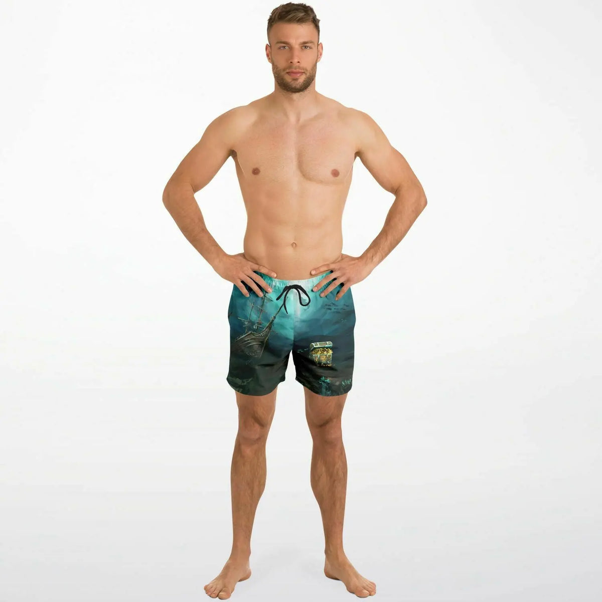 Men's swim shorts by Maris Equi in blue with a treasure design featuring an elastic waistband and drawstring.