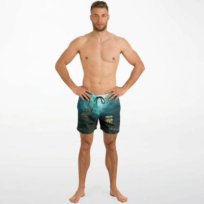 Men's swim shorts by Maris Equi in blue with a treasure design featuring an elastic waistband and drawstring.
