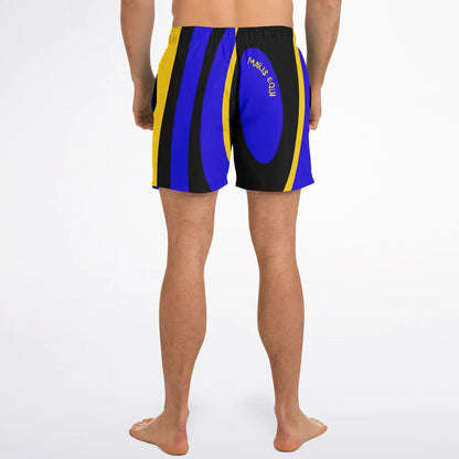 Men's swim shorts in blue yellow and black with a surgeonfish print featuring an elastic waistband by Maris Equi.