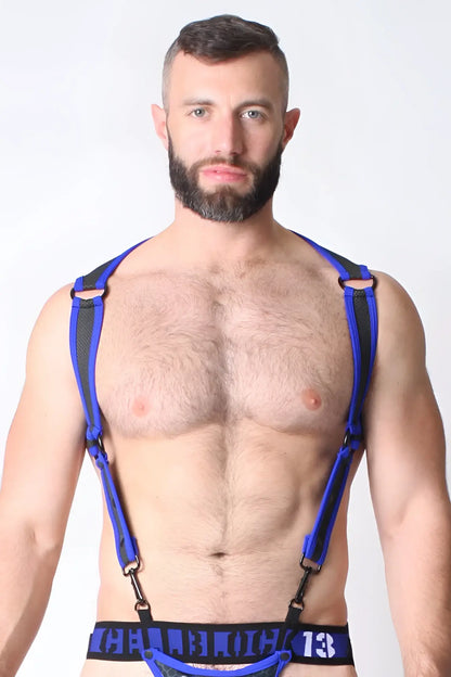 Blue and black adjustable suspenders with metal clasps from cellblock 13 cyber x-treme harness size l