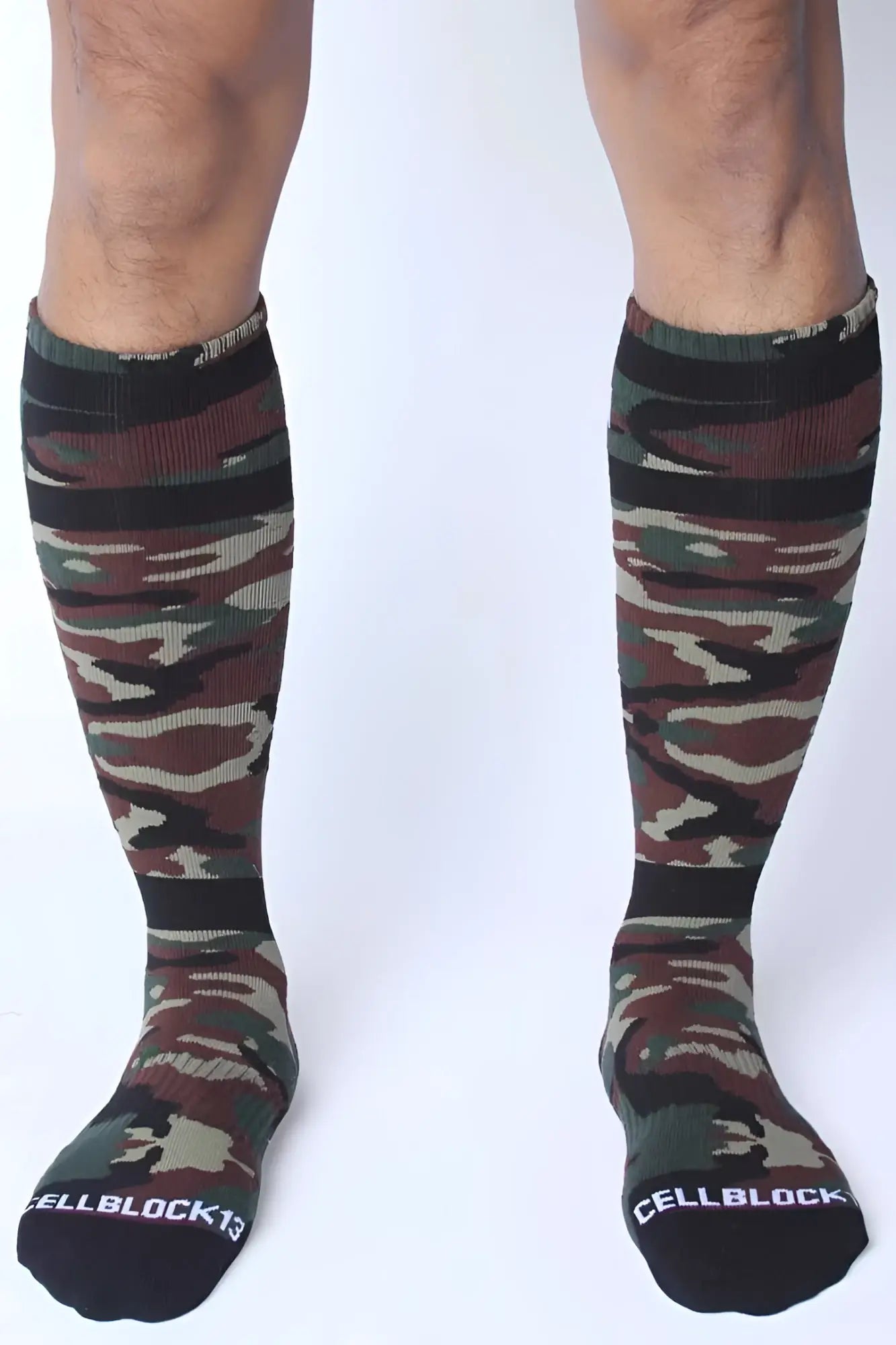Cellblock 13 foxhole knee-high socks in camouflage green with black ribbed cuffs and toe caps size one size