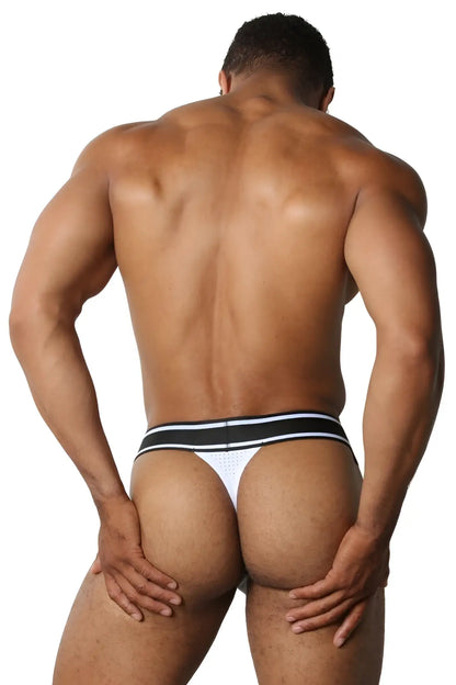 White cellblock 13 relay thong underwear with black and white striped waistband in size medium