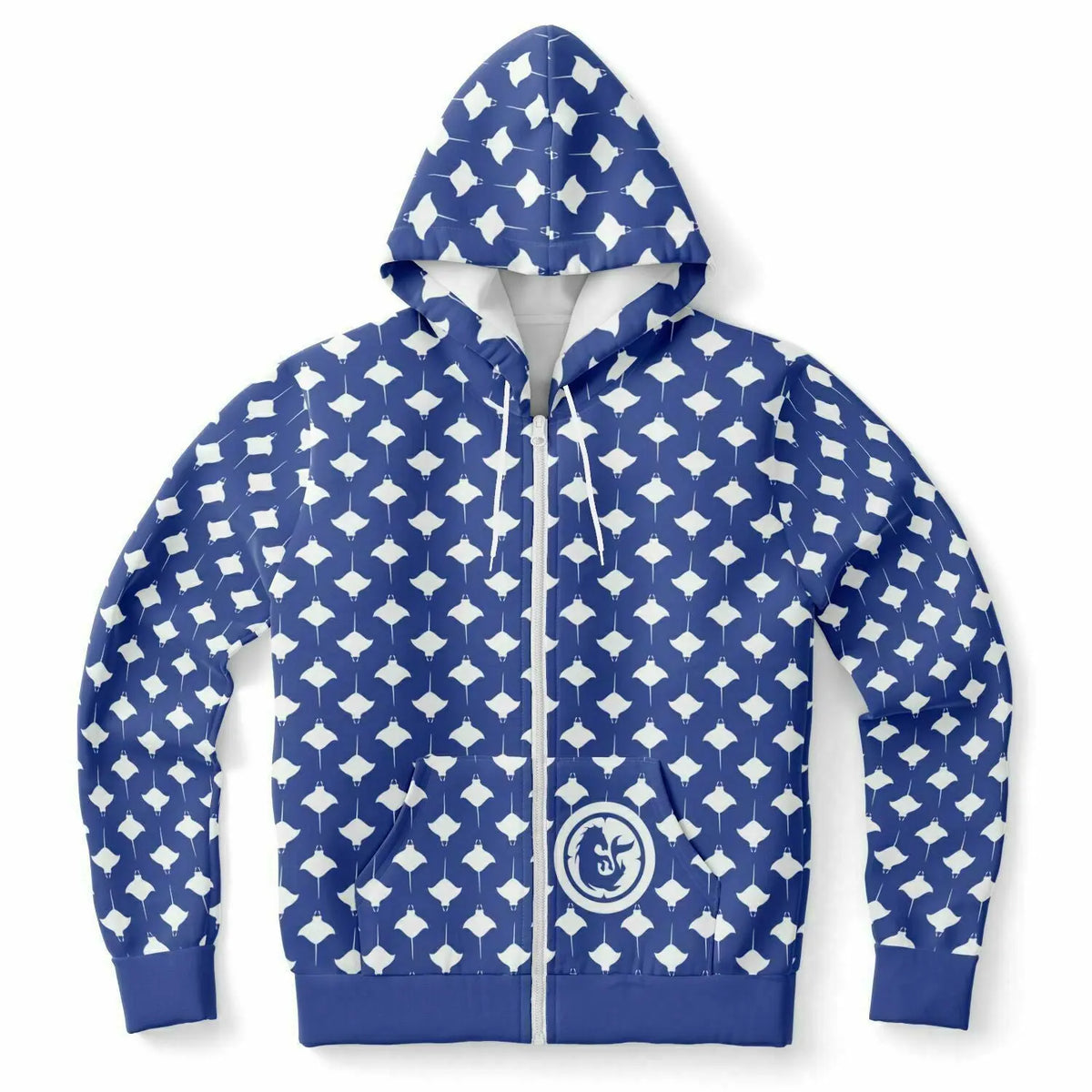Blue zip-up hoodie with white manta ray pattern made of cotton blend featuring a logo on the chest by Maris Equi