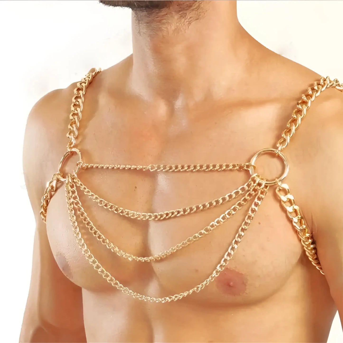 Gold-colored thick chain harness with layered chains and circular rings designed as a body accessory