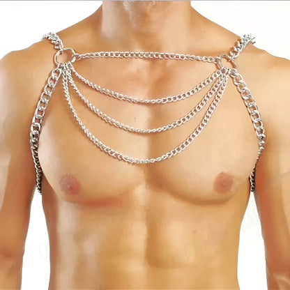 Silver-toned metal chain harness with layered chains and circular rings for edgy fashion accessory