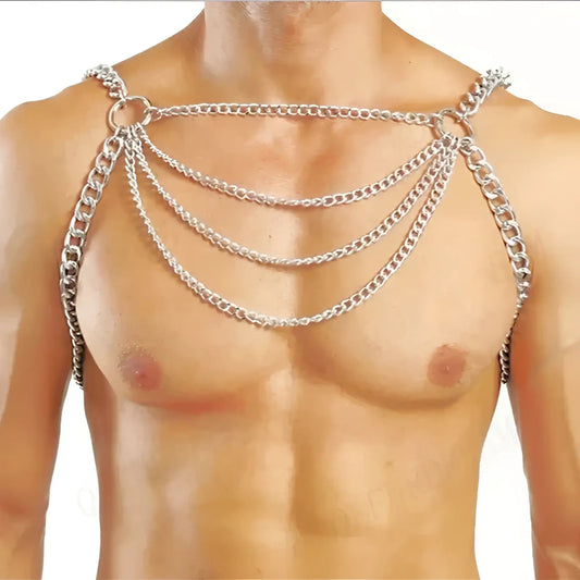 Silver-toned metal chain harness with layered chains and circular rings for edgy fashion accessory