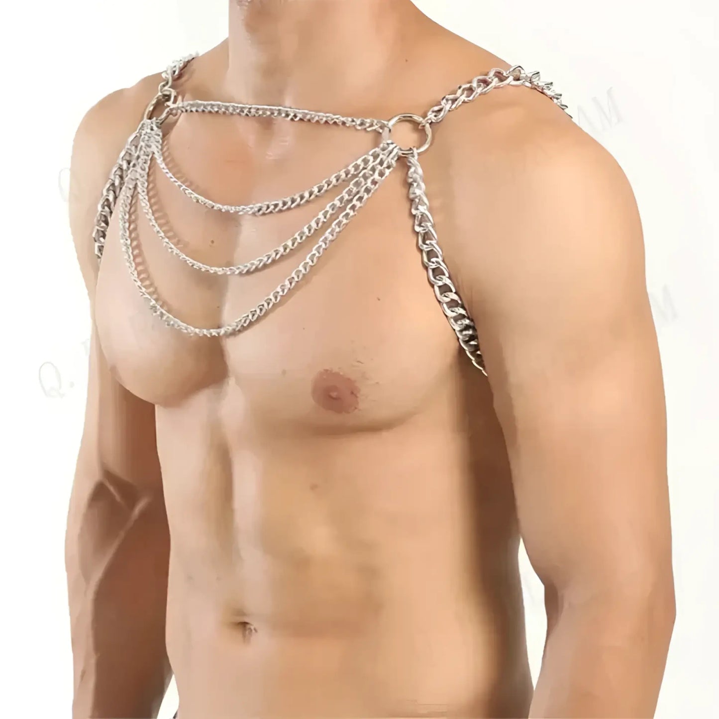 Silver-toned multi-layered chain harness with bold industrial design featuring an intricate body chain style