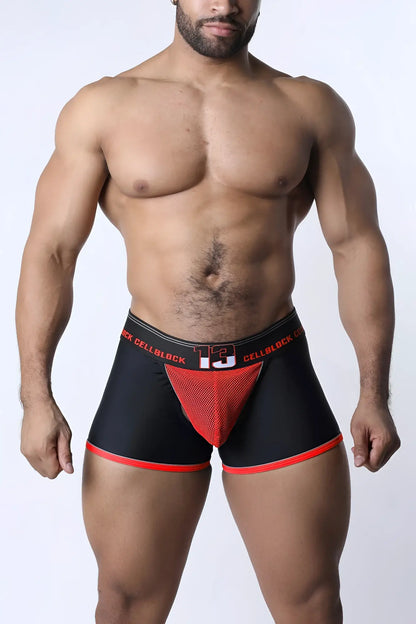 Black and red chain reaction jock trunk men’s briefs with a mesh panel and cell block design