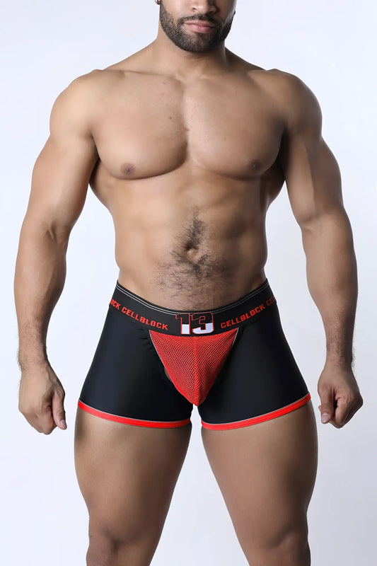 Black and red chain reaction jock trunk men’s briefs with a mesh panel and cell block design
