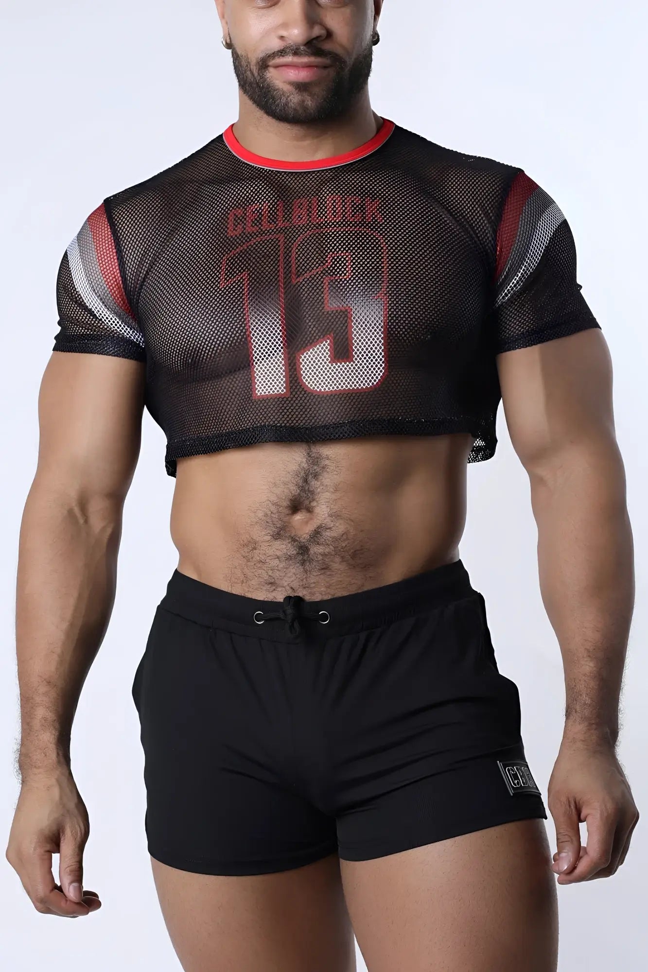 Black mesh crop top with red and white collback 15 graphic featuring breathable fabric and edgy design