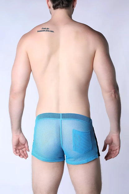 Blue mesh briefs with solid blue waistband and black side trim from chain reaction mesh short collection