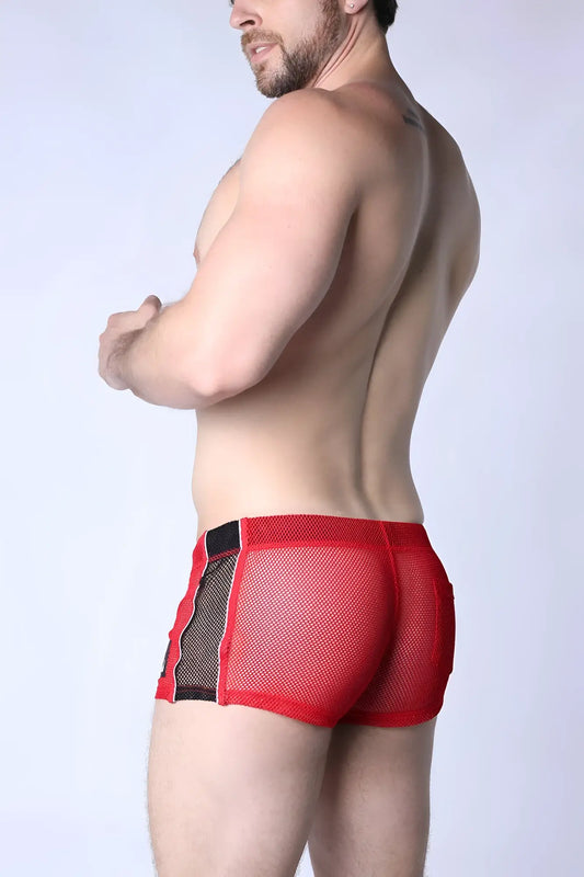 Red mesh briefs with black side panels from chain reaction mesh short featuring breathable mesh material