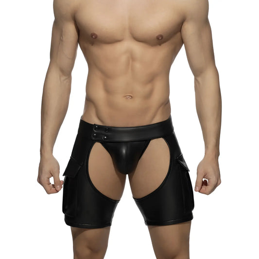 Black faux leather chaps shorts with cut out sides and side pockets for edgy stylish wear