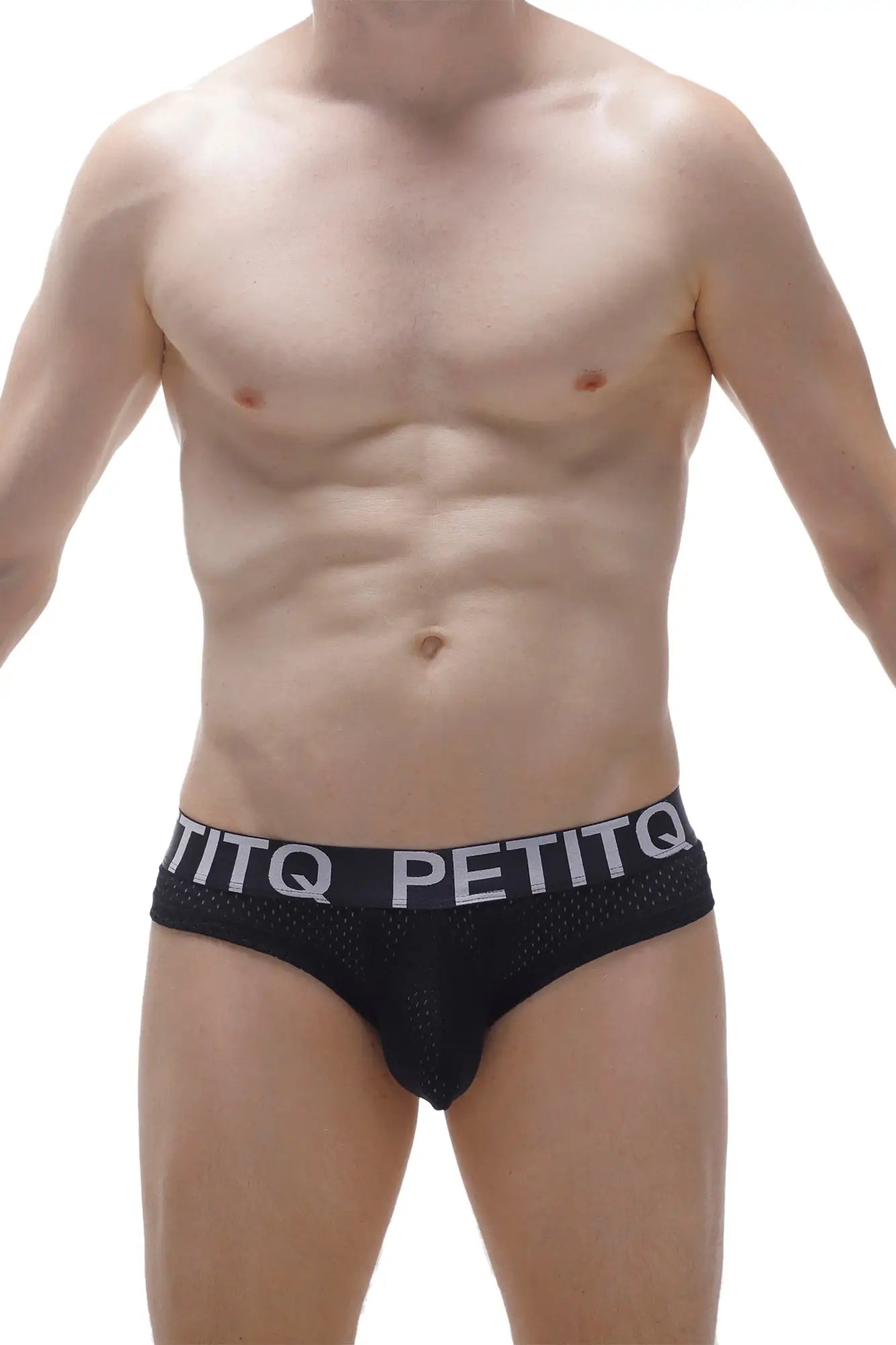 Black mesh cheeky brief bee black with white petitq logo band on the waistband front view