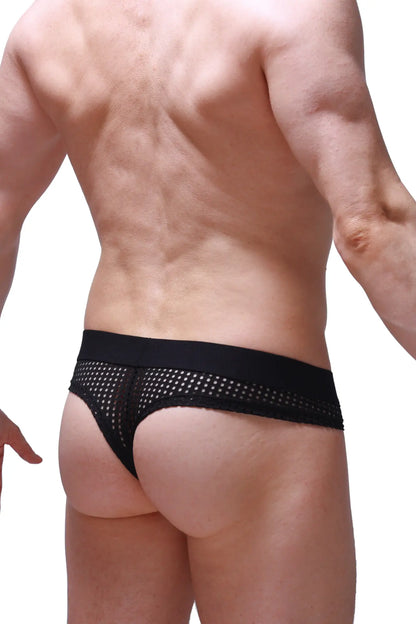 Black mesh cheeky brief durtol with solid waistband showing sheer breathable material and comfortable fit