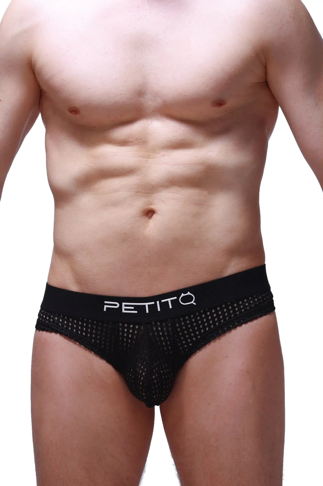 Black mesh cheeky briefs durtol with a solid waistband featuring the petitq logo in white lettering