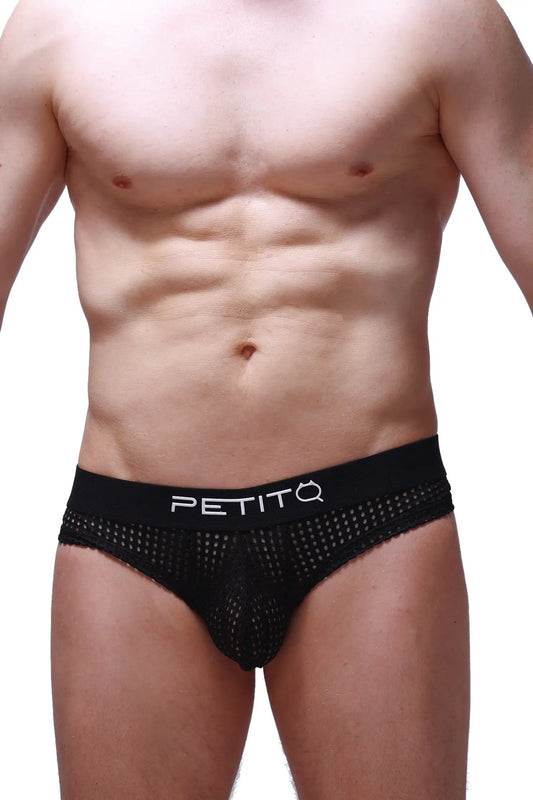 Black mesh cheeky briefs durtol with a solid waistband featuring the petitq logo in white lettering