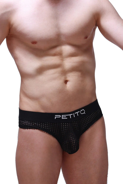 Black mesh cheeky brief durtol with white petitq logo on waistband soft breathable underwear