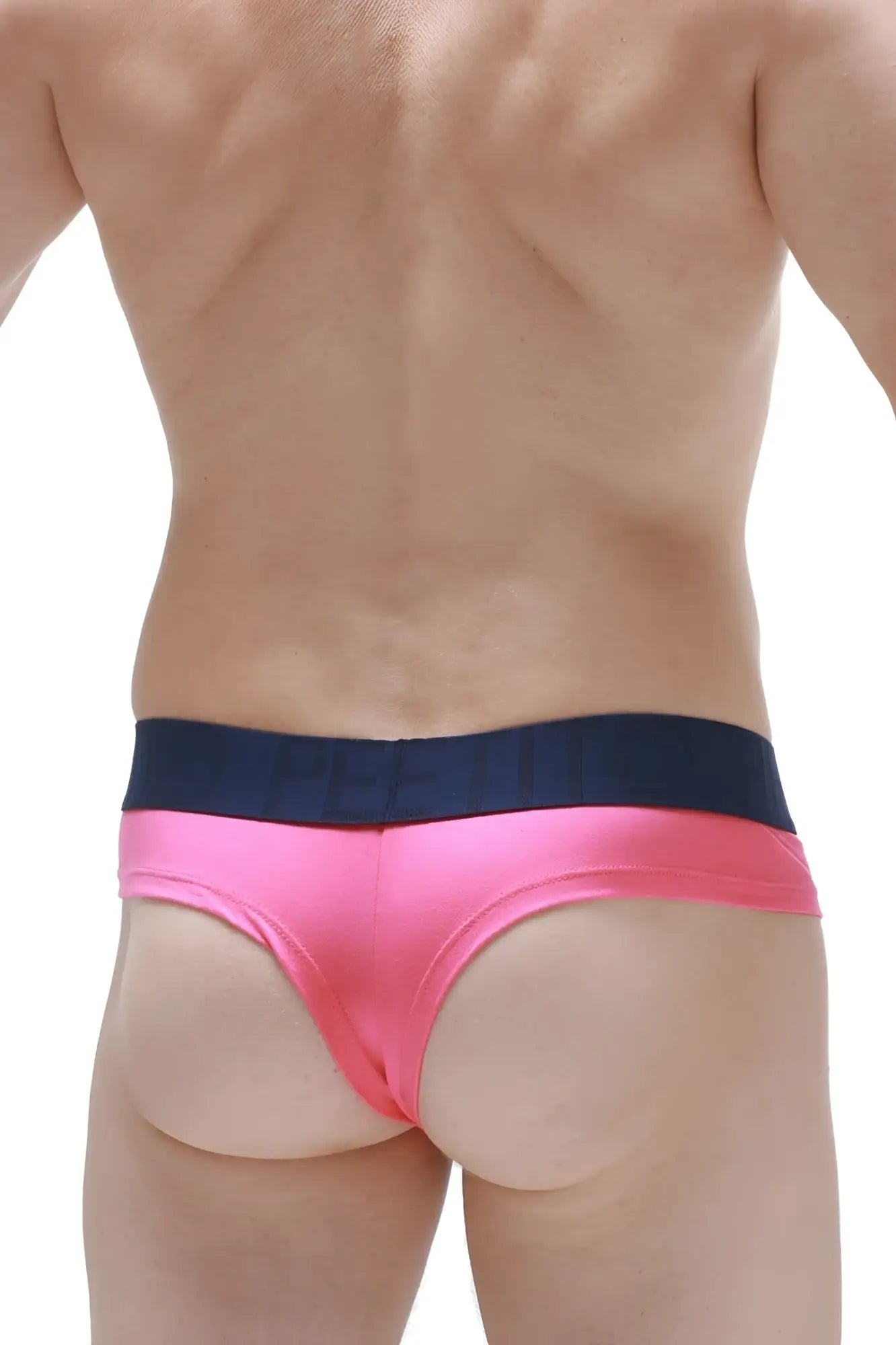 Cheeky brief fuchsia bright pink satin briefs with a contrasting navy blue waistband front view