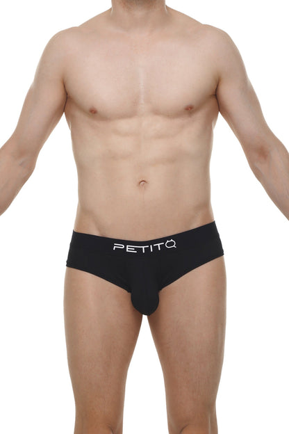 Black petitq men’s cheeky brief skine black with sleek form-fitting design and white logo branding on front
