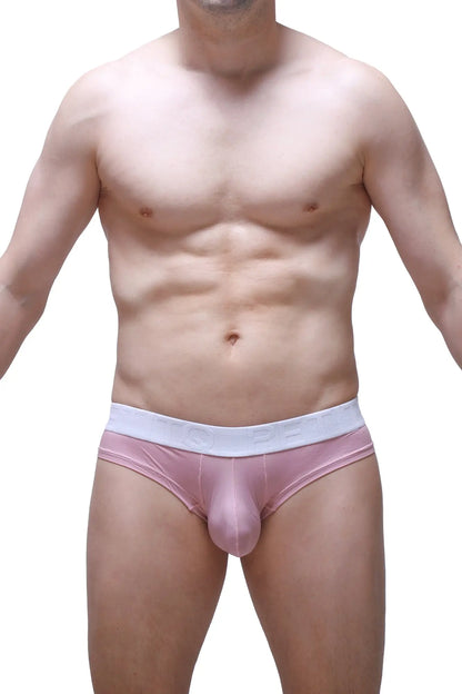 Pink men’s cheeky briefs with white elastic waistband in soft skine fabric for comfortable everyday wear
