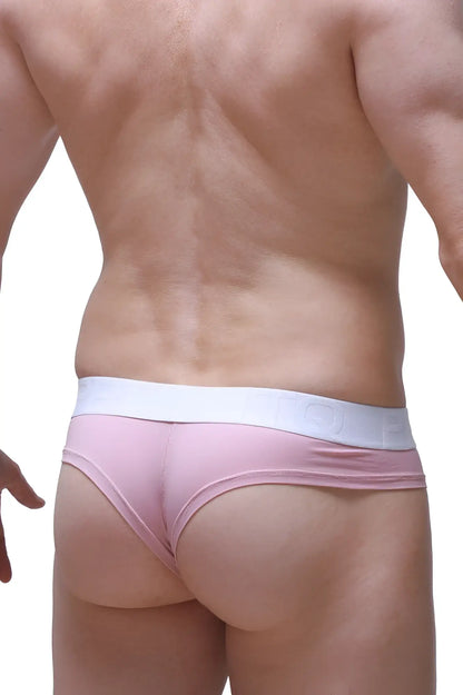 Pink cheeky brief thong with a white elastic waistband in soft tea rose fabric for comfortable everyday wear
